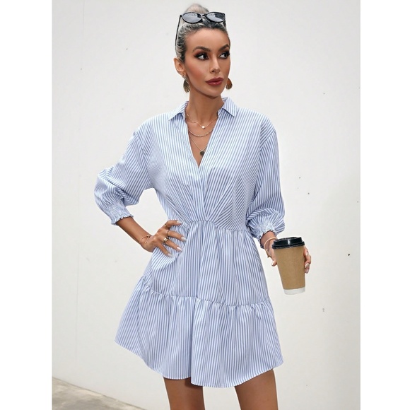 Striped White Blue Mini Dress Ruffle Detail V-Neck 3/4 Sleeve - Picture 6 of 8